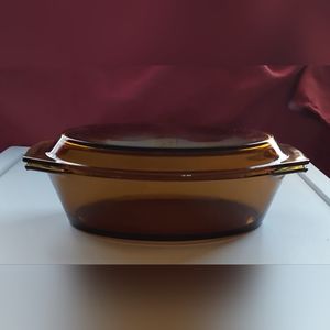 Large Vintage Arcopal France Amber Glass Casserole Dish with Lid